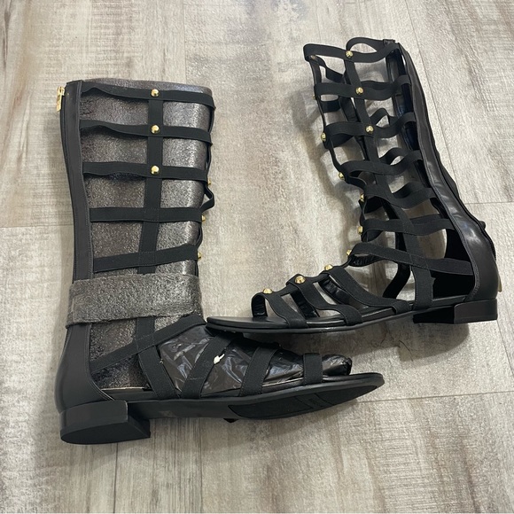 Marc Fisher Shoes - Marc Fisher Lexxi Black Leather Gold Stud Accent Gladiator Tall Sandal Size 10